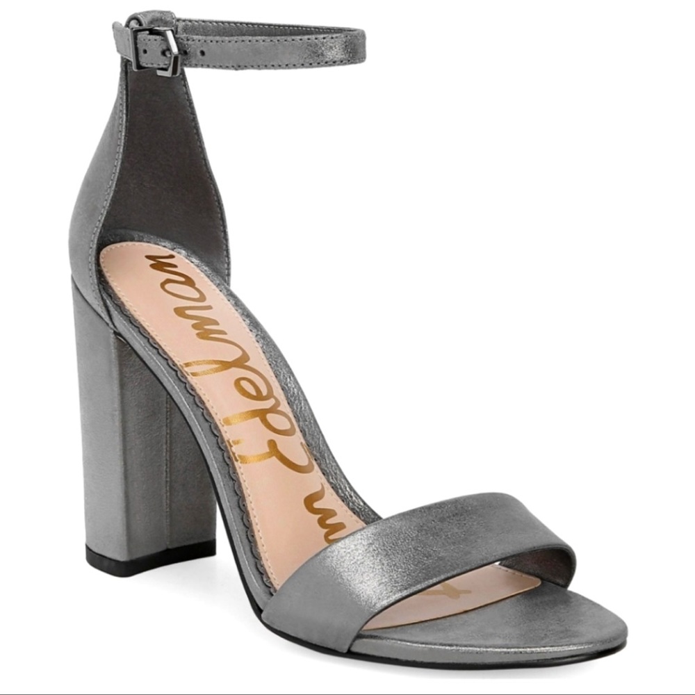 SAM EDELMAN | Yaro Ankle Strap Block Heel Sandals in Metallic Pewter